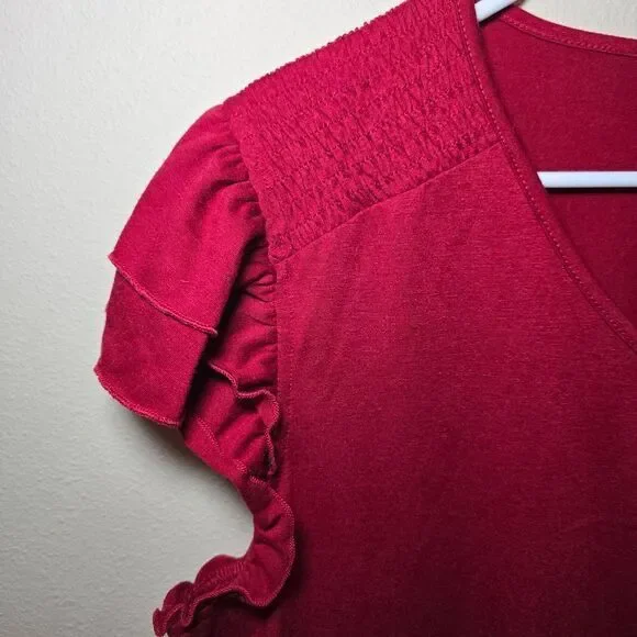 Pretty Fashion Red Ruffle Sleeve V-Neck Top Casual Summer Blouse- Size Large - Picture 4 of 9